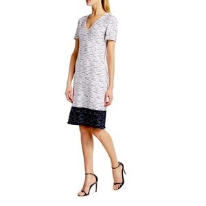NWT ST. JOHN Tweed Knit  Sheath Dress Sz 6 Ecru/ Navy Short Sleeve Wool Blend